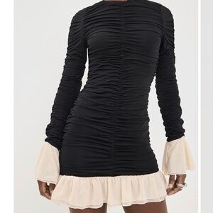 Mabel Ruched Frill Seeker Mini Dress with Contrast Sleeves